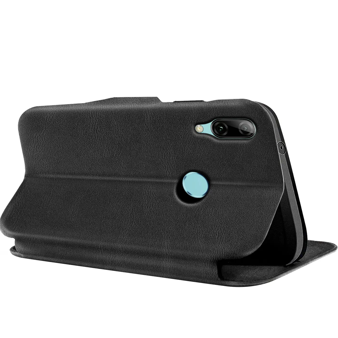 Schwarze Kunstleder-Klapphülle für Huawei P Smart 2019, Seitenansicht.