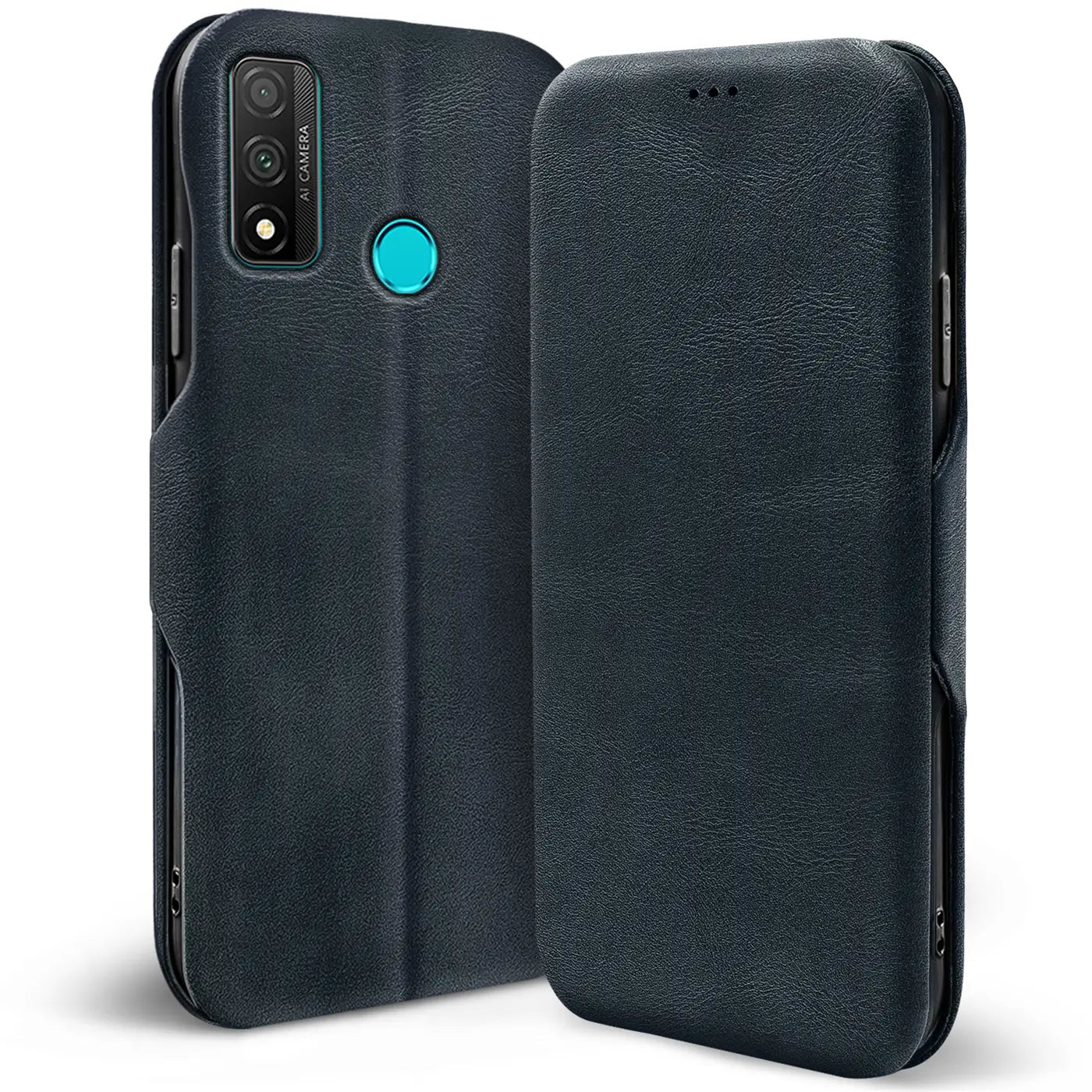 Dunkelblaue Leder-Klapphülle für Huawei P Smart 2020, von vorne und hinten gezeigt.