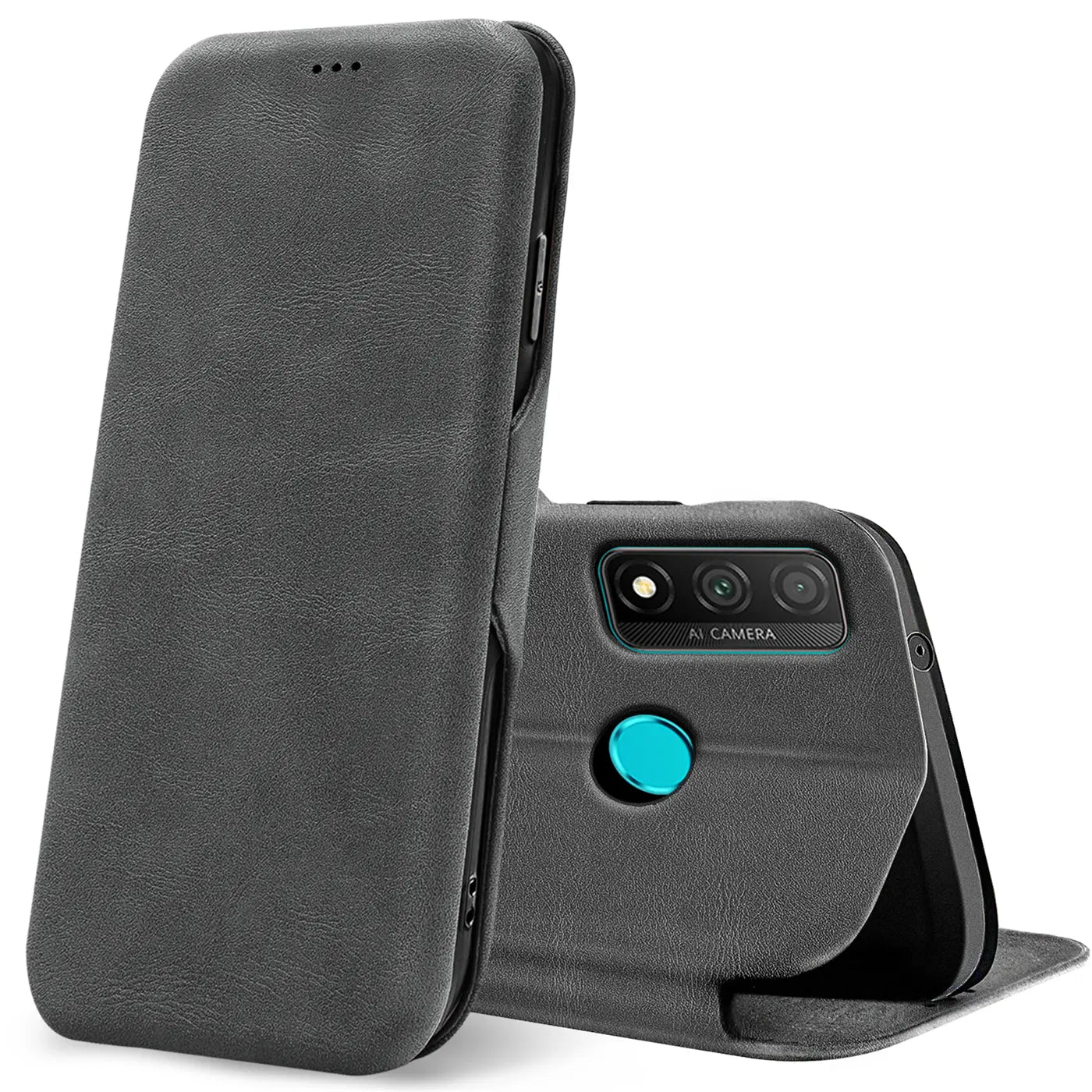 Graue Kunstleder-Klapphülle mit Kartenfach, zeigt Rückseite eines Huawei P Smart 2020.