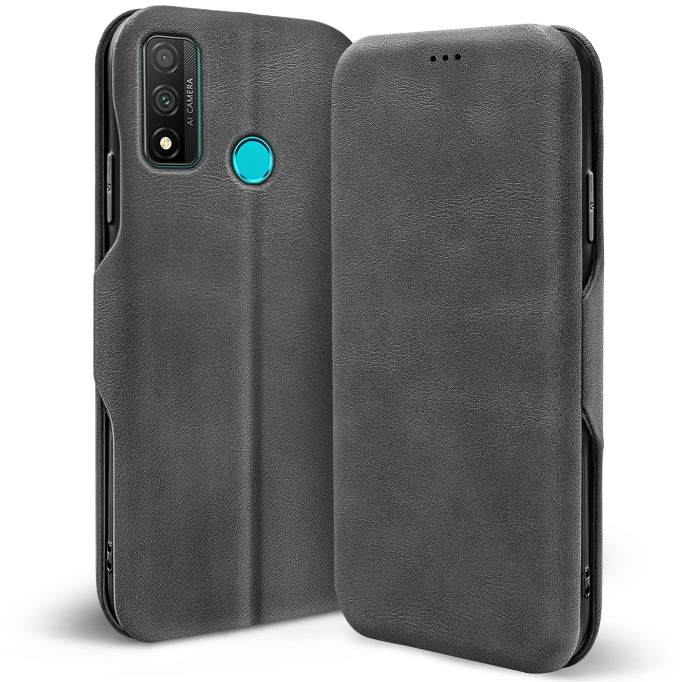 Graue Kunstleder-Klapphülle für Huawei P Smart 2020, Rückseite und Vorderseite sichtbar.