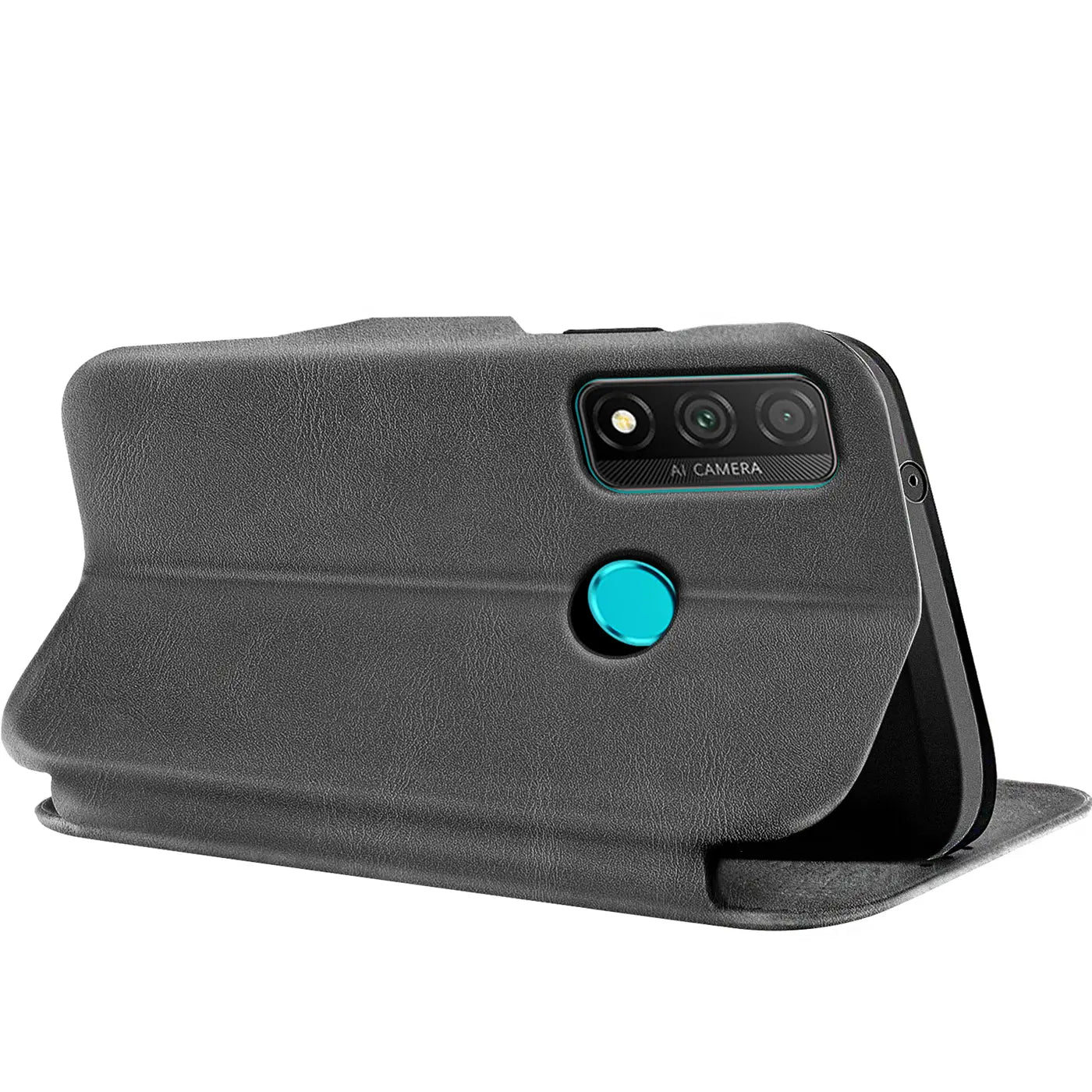 Graue Kunstleder-Klapphülle mit Kartenfach, seitliche Ansicht, Huawei P Smart 2020.