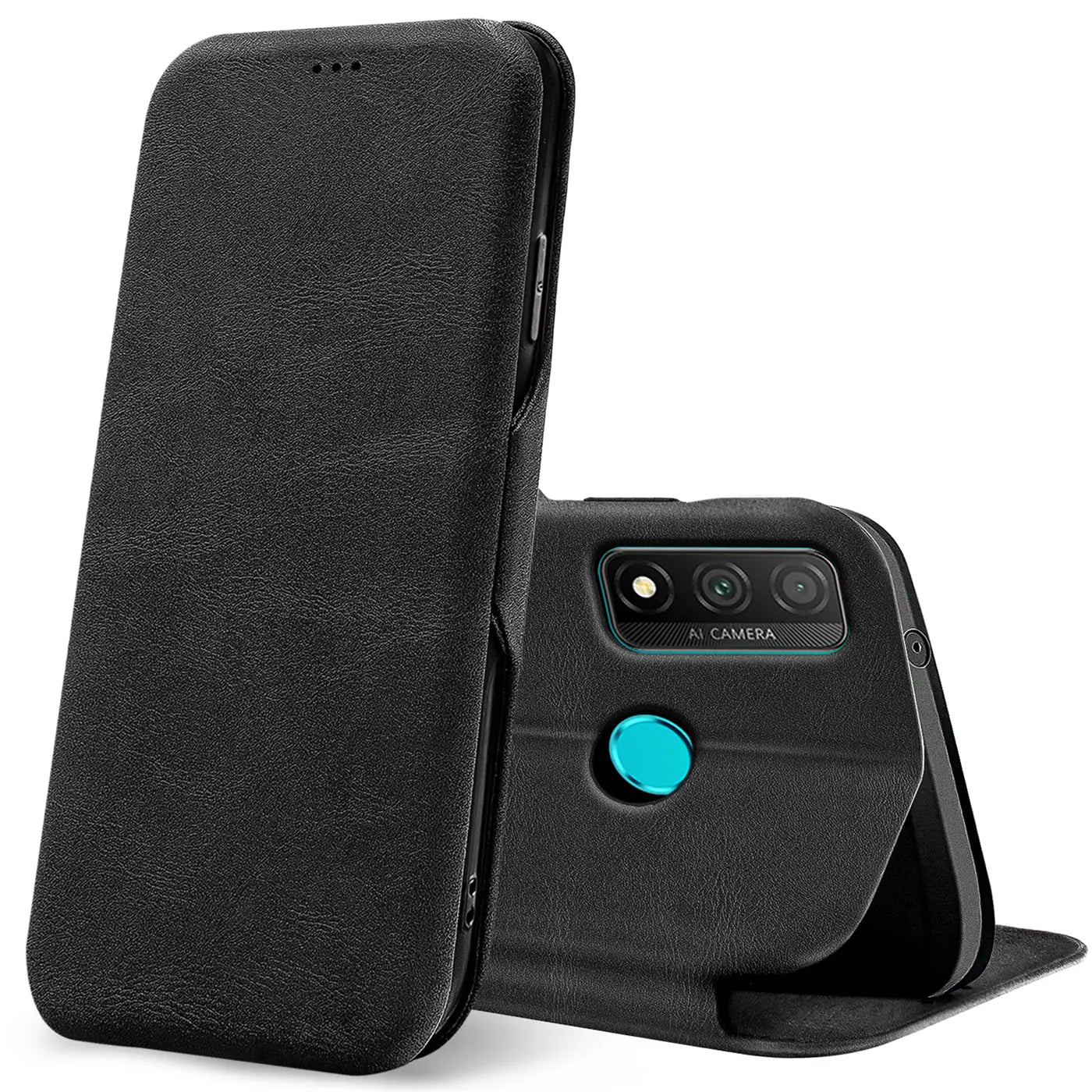 Schwarze Kunstleder-Klapphülle mit Kartenfach für Huawei P Smart 2020, Rückansicht