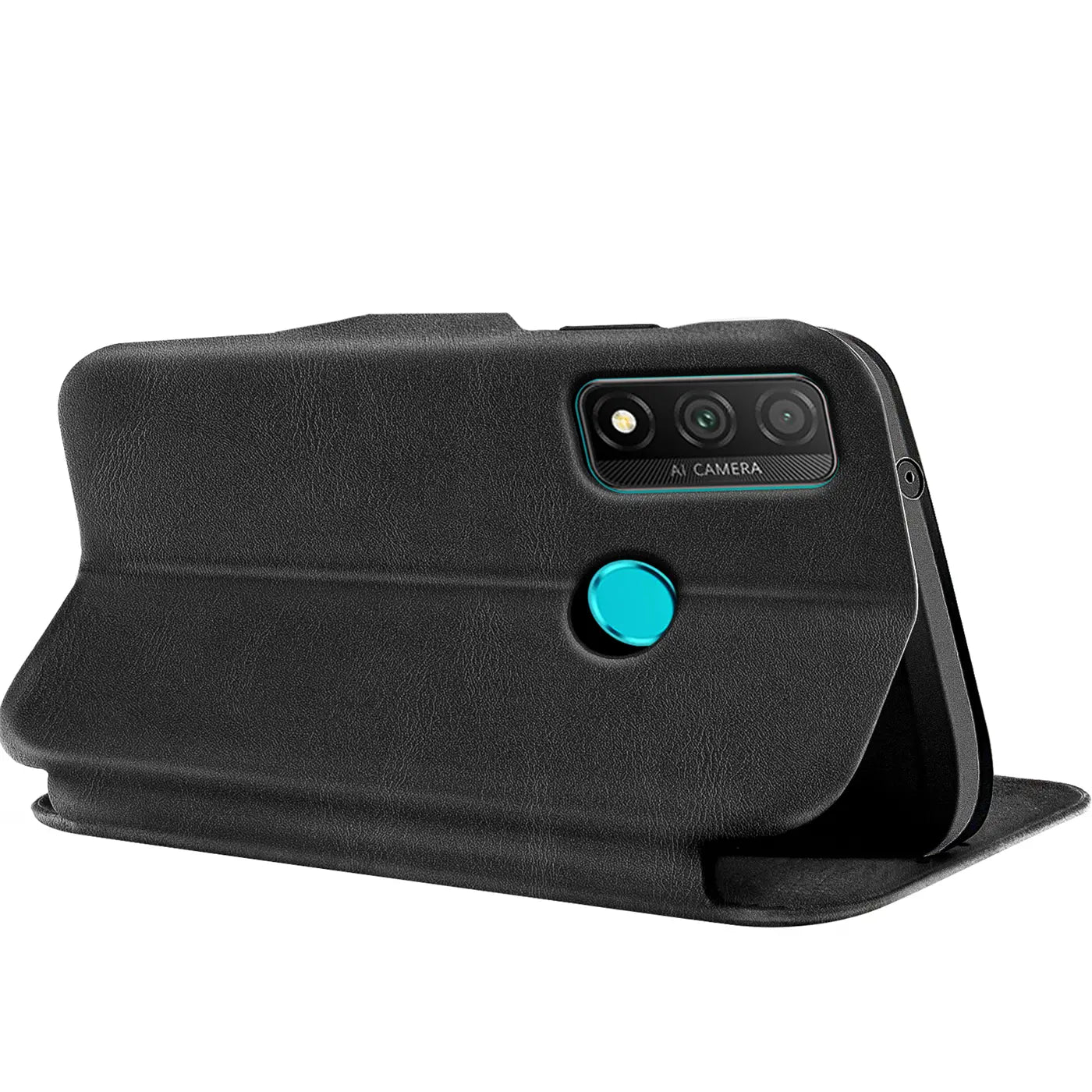 Schwarze Kunstleder-Klapphülle mit Kartenfach, seitliche Ansicht, Huawei P Smart 2020.