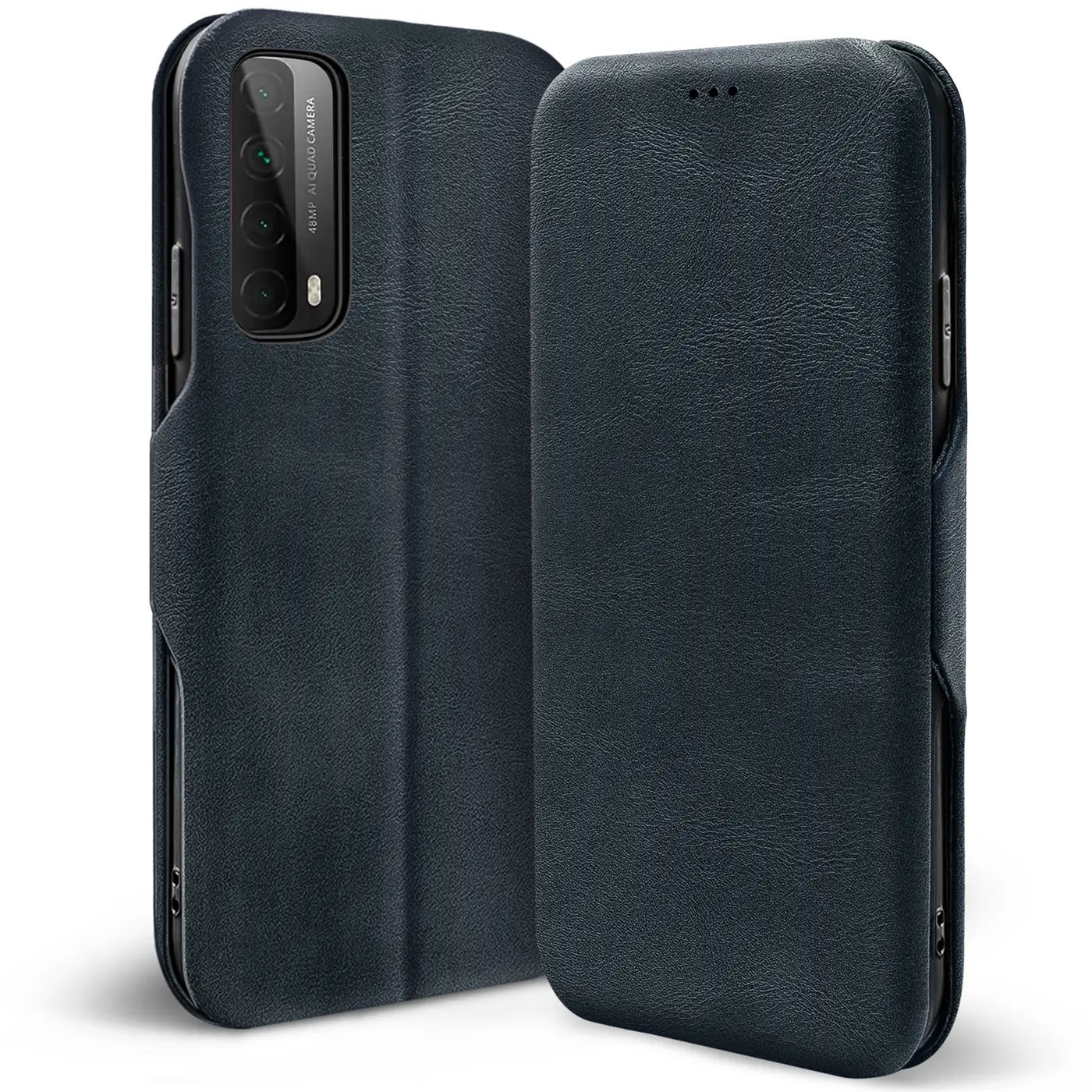Dunkelblaue Kunstleder-Klapphülle für Huawei P Smart 2021, von vorne/seitlich gezeigt.