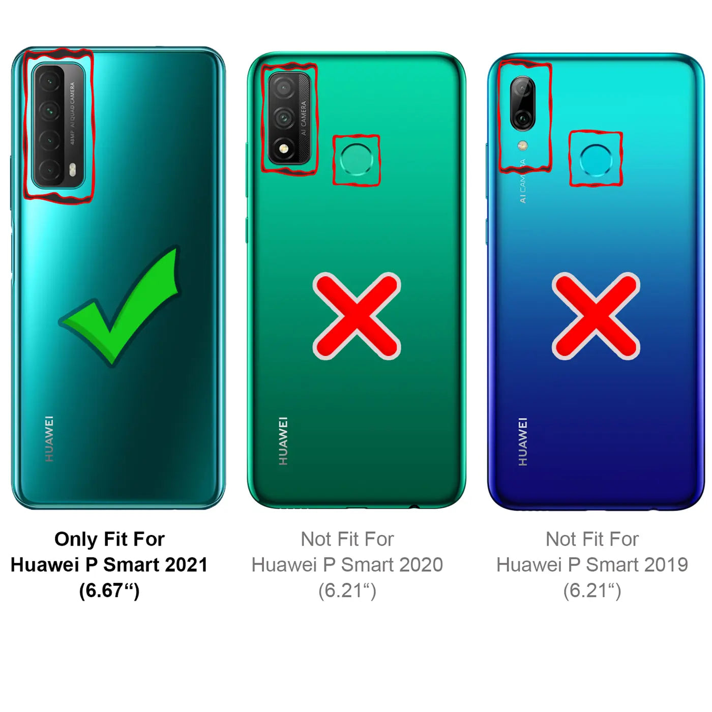 Drei Huawei-Smartphones: links passend (grün, Hülle mit Haken), rechts nicht passend (grün/blau, Hülle mit Kreuz).