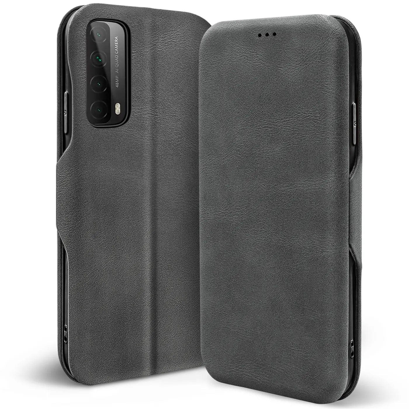 Graue Kunstleder-Klapphülle für Huawei P Smart 2021, von vorne, offen
