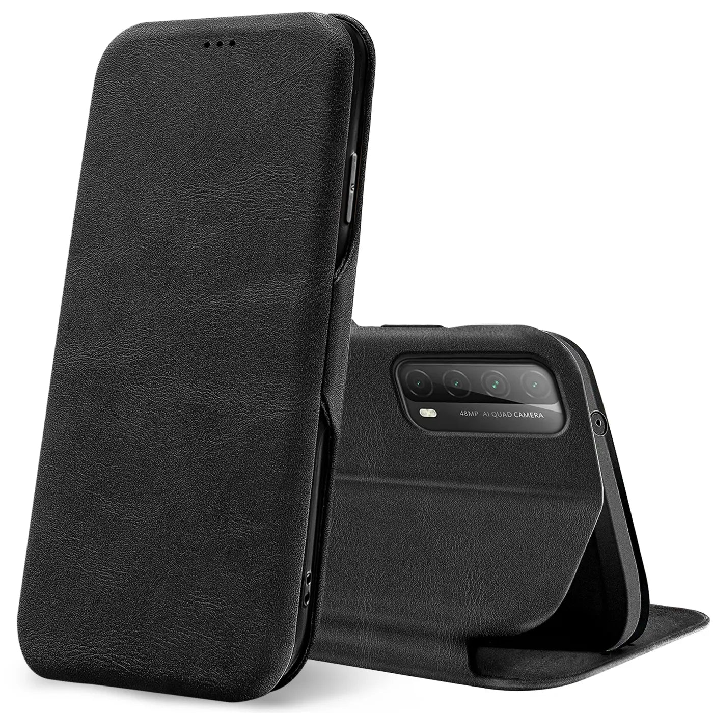 Schwarze Leder-Klapphülle mit Kartenfach für Huawei P Smart 2021, von vorne/seitlich