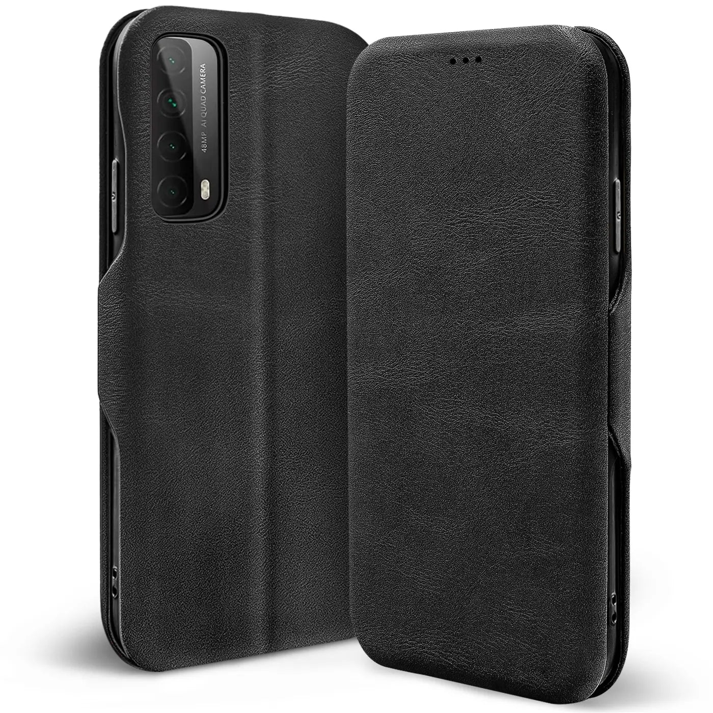 Schwarze Leder-Klapphülle für Huawei P Smart 2021, von vorne leicht schräg.