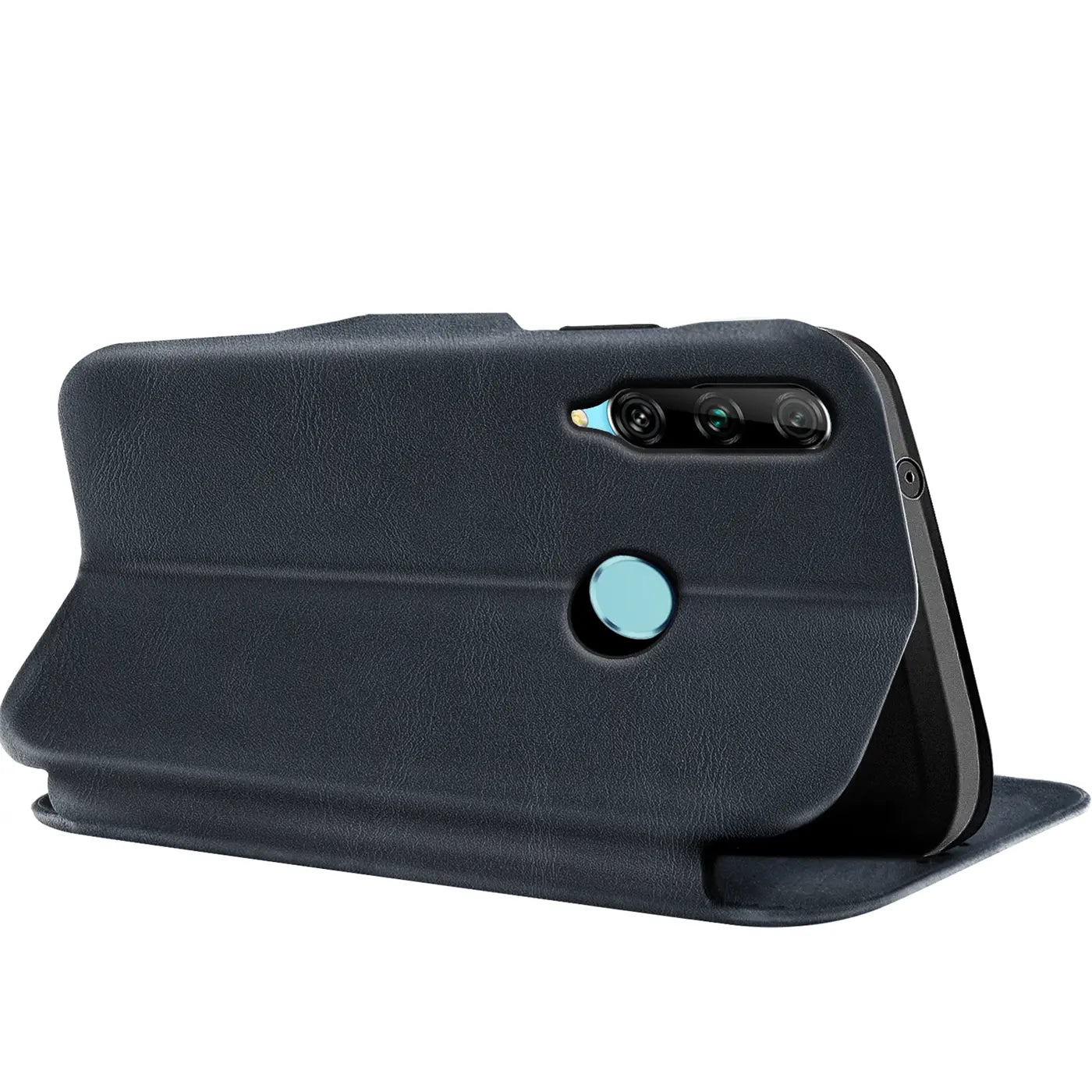 Dunkelblaue Kunstleder-Klapphülle mit Kartenfach, seitliche Ansicht, Huawei P Smart Plus 2019.