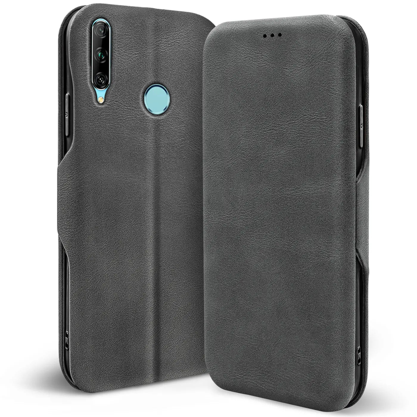 Graue Kunstleder-Klapphülle für Huawei P Smart Plus 2019, Rückseite mit Kamera.