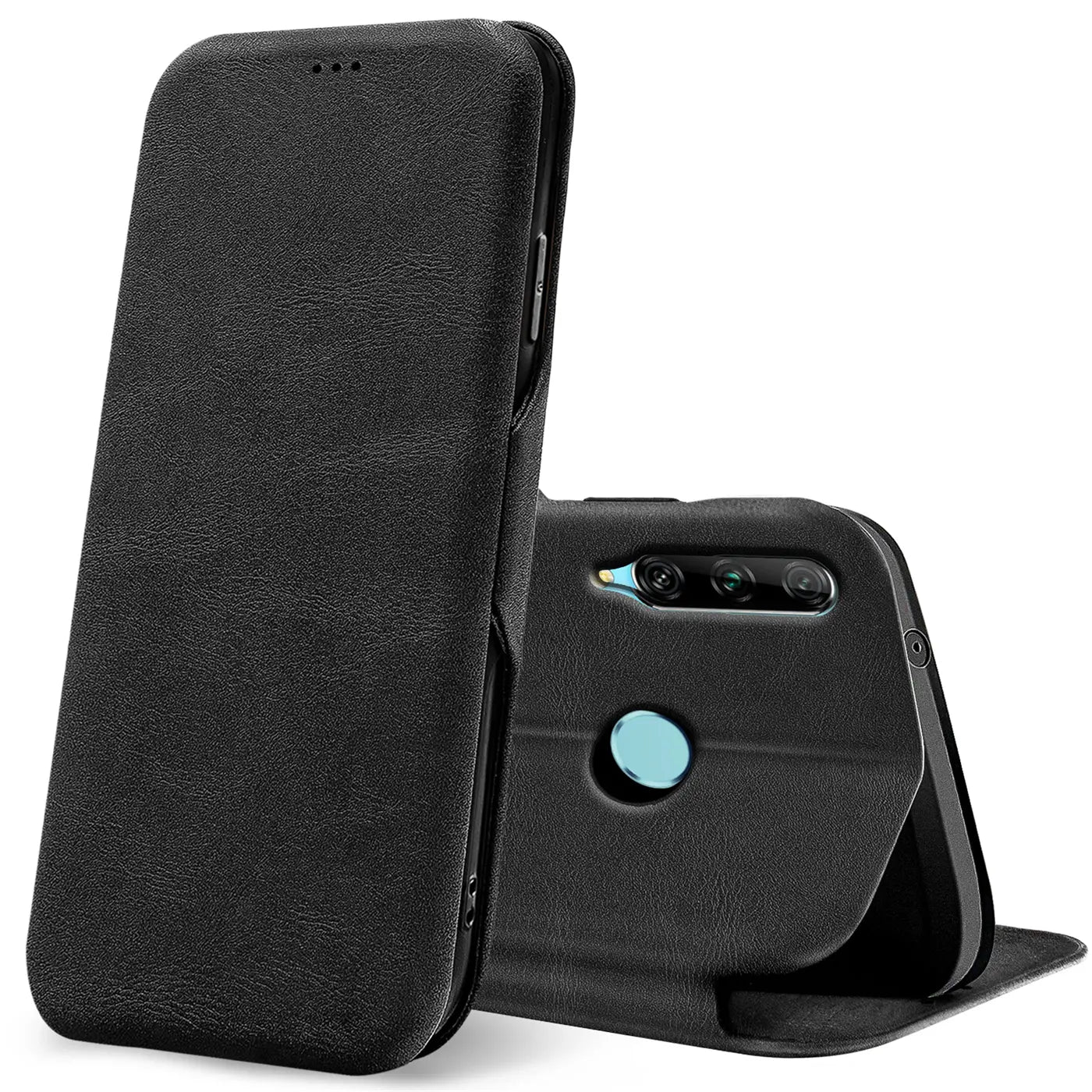 Schwarze Kunstleder-Klapphülle mit Kartenfach für Huawei P Smart Plus 2019.