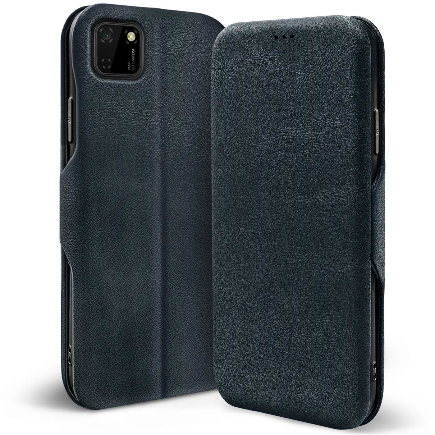 Dunkelblaue Leder-Klapphülle für Huawei Y5P, von vorne und hinten gezeigt.