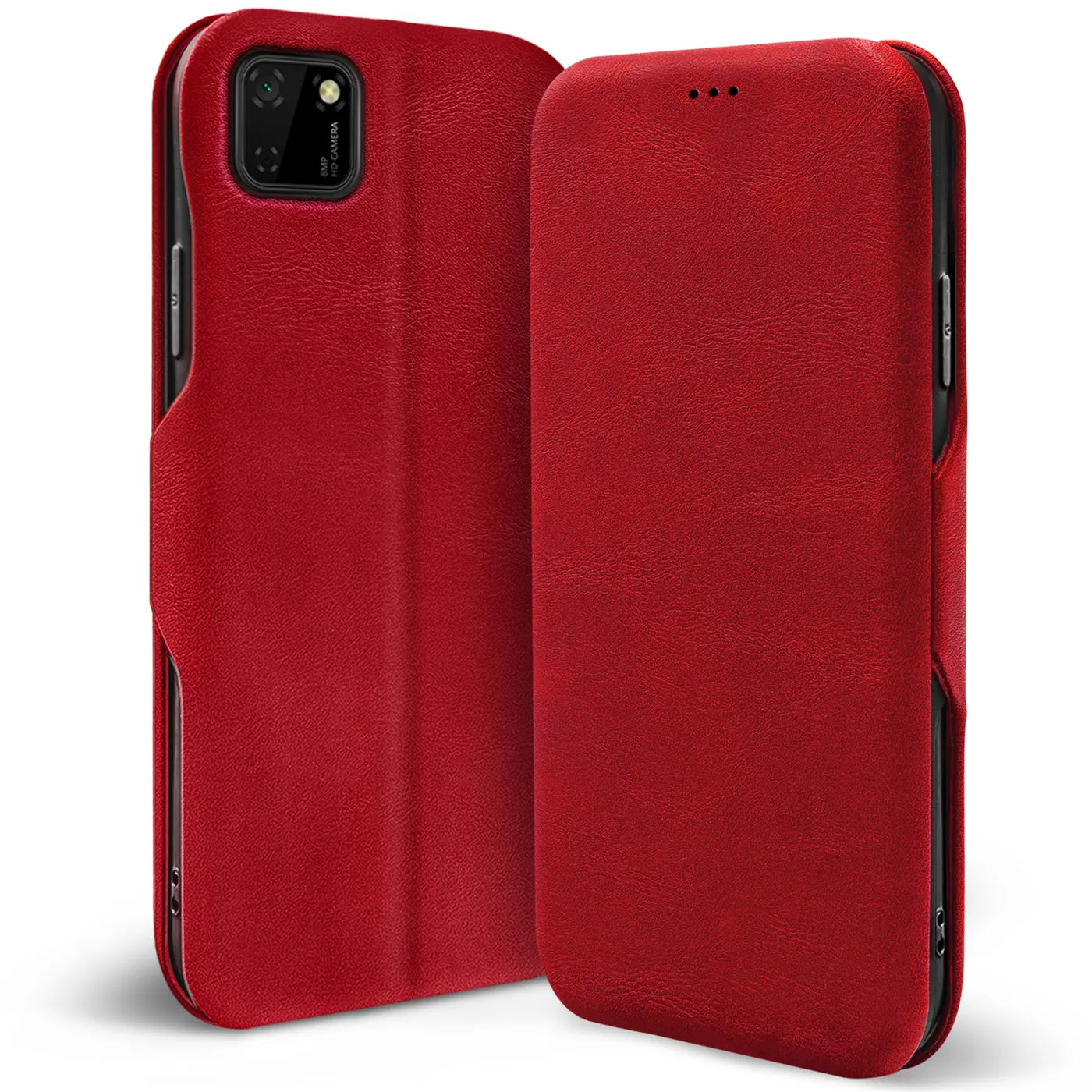 Rote Kunstleder-Klapphülle für Huawei Y5P, von vorne/seitlich gezeigt.
