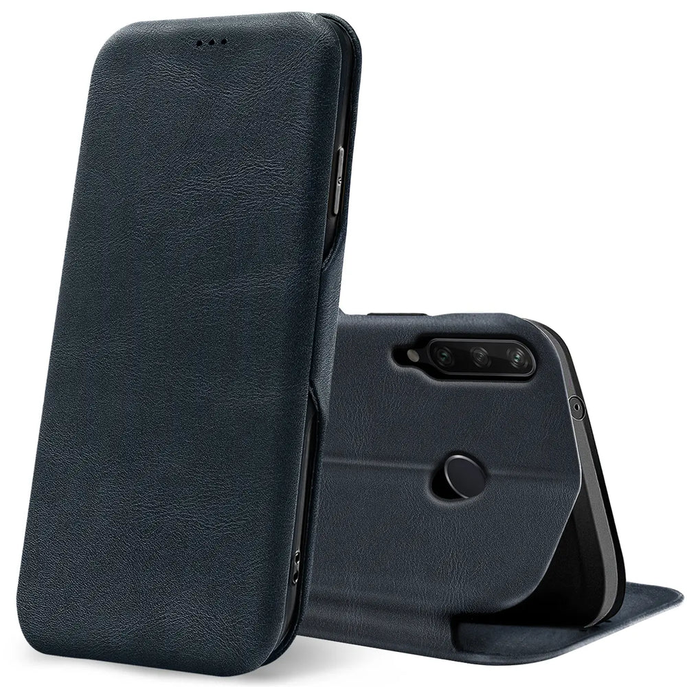 Dunkelblaue Kunstleder-Klapphülle für Huawei Y6P, von vorne und hinten gezeigt.