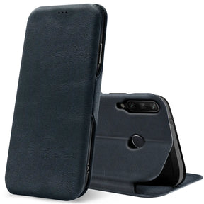 Dunkelblaue Kunstleder-Klapphülle für Huawei Y6P, von vorne und hinten gezeigt.