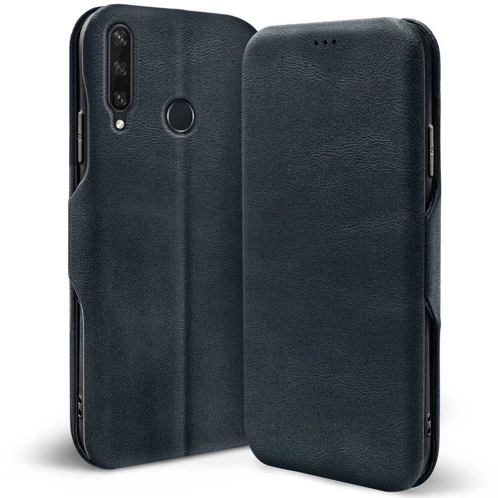 Dunkelblaue Leder-Klapphülle für Huawei Y6P, Rückseite und Vorderseite sichtbar.