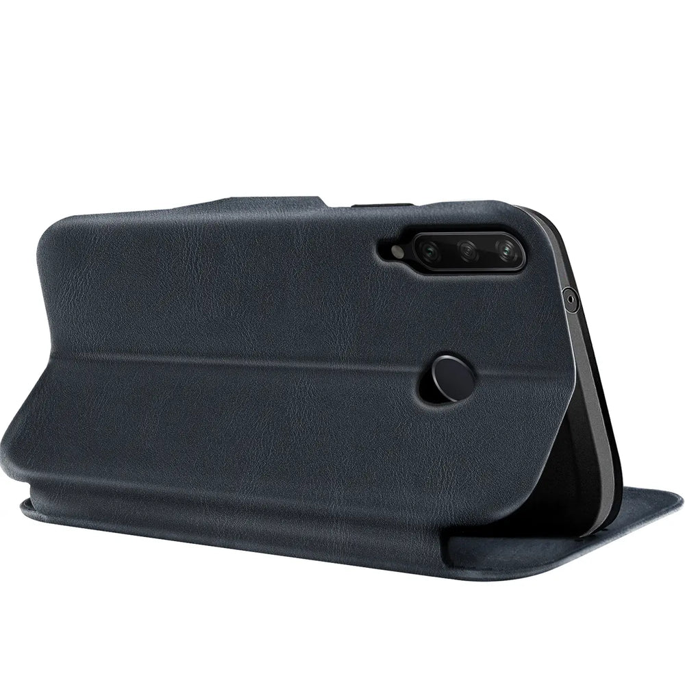 Dunkelblaue Kunstleder-Klapphülle für Huawei Y6P, von schräg hinten.