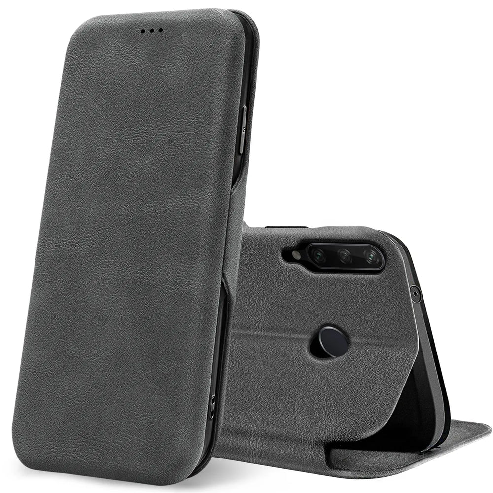 Graue Kunstleder-Klapphülle für Huawei Y6P, von vorne und hinten gezeigt.
