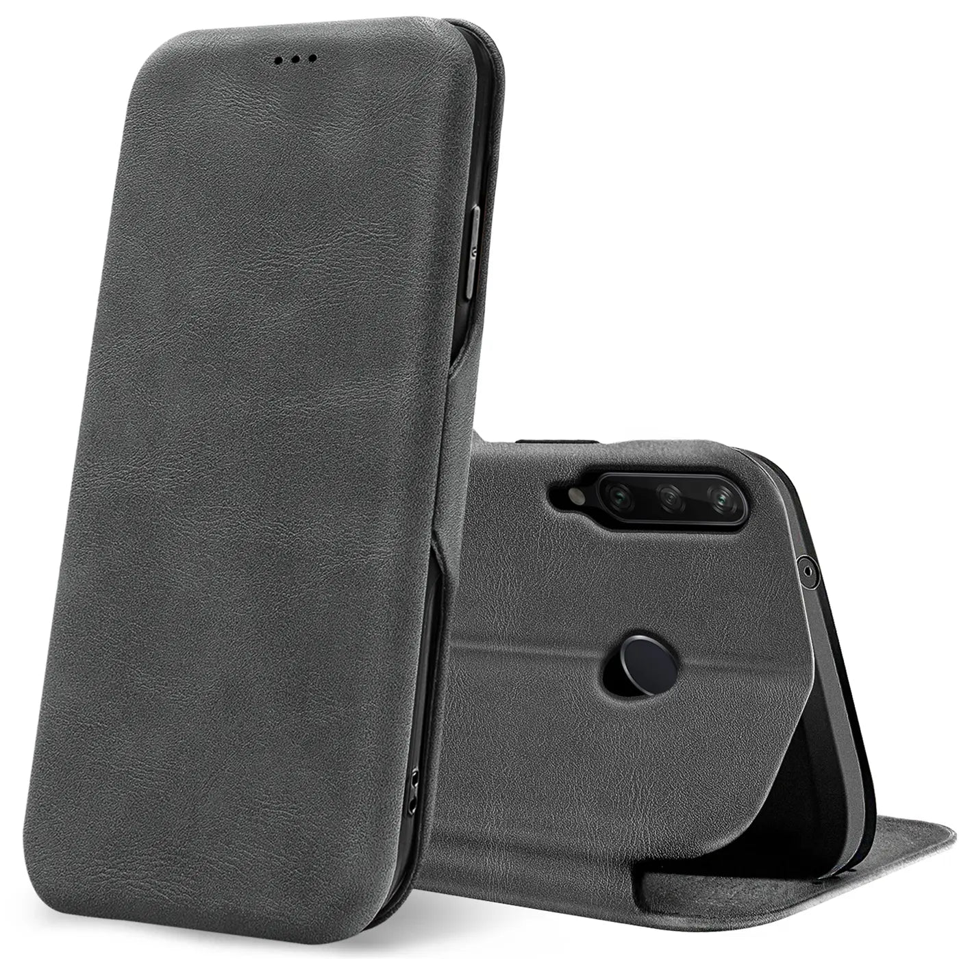 Graue Kunstleder-Klapphülle für Huawei Y6P, von vorne und hinten gezeigt.
