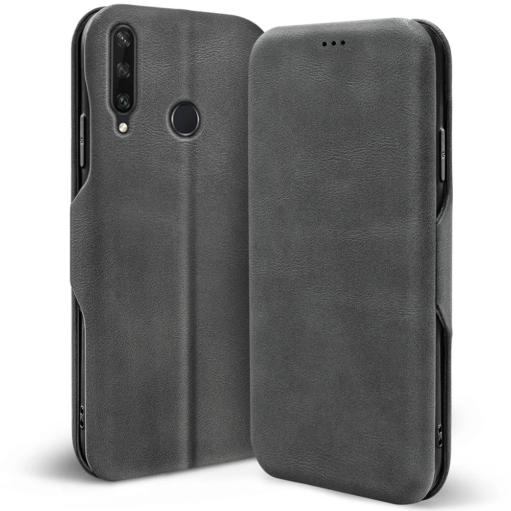 Graue Kunstleder-Klapphülle für Huawei Y6P, Rückseite und Vorderseite sichtbar, von vorne links