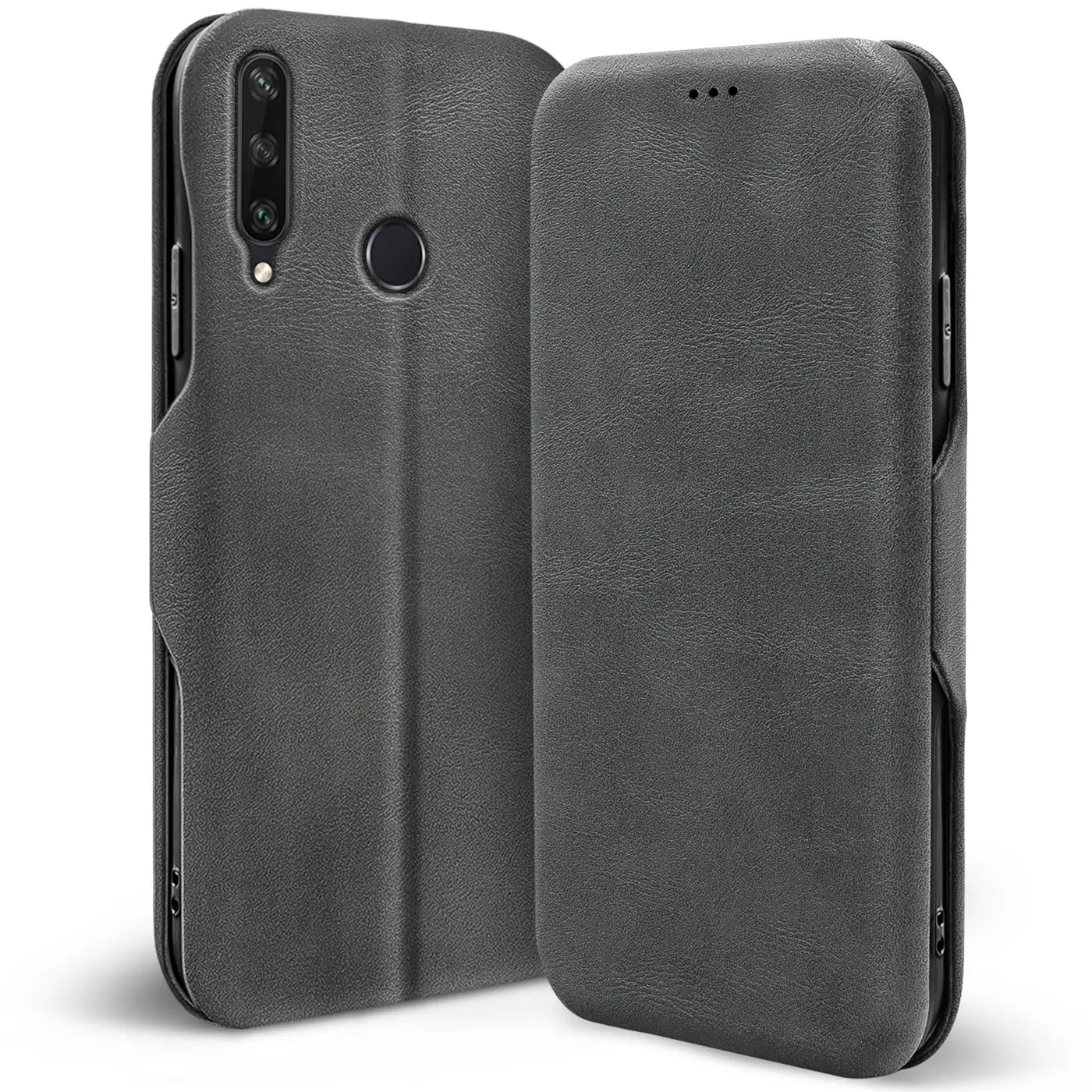 Graue Kunstleder-Klapphülle für Huawei Y6P, Rückseite und Vorderseite sichtbar, von vorne links