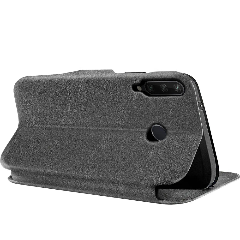 Graue Kunstleder-Klapphülle mit Kartenfach, seitliche Ansicht, zeigt Huawei Y6P.