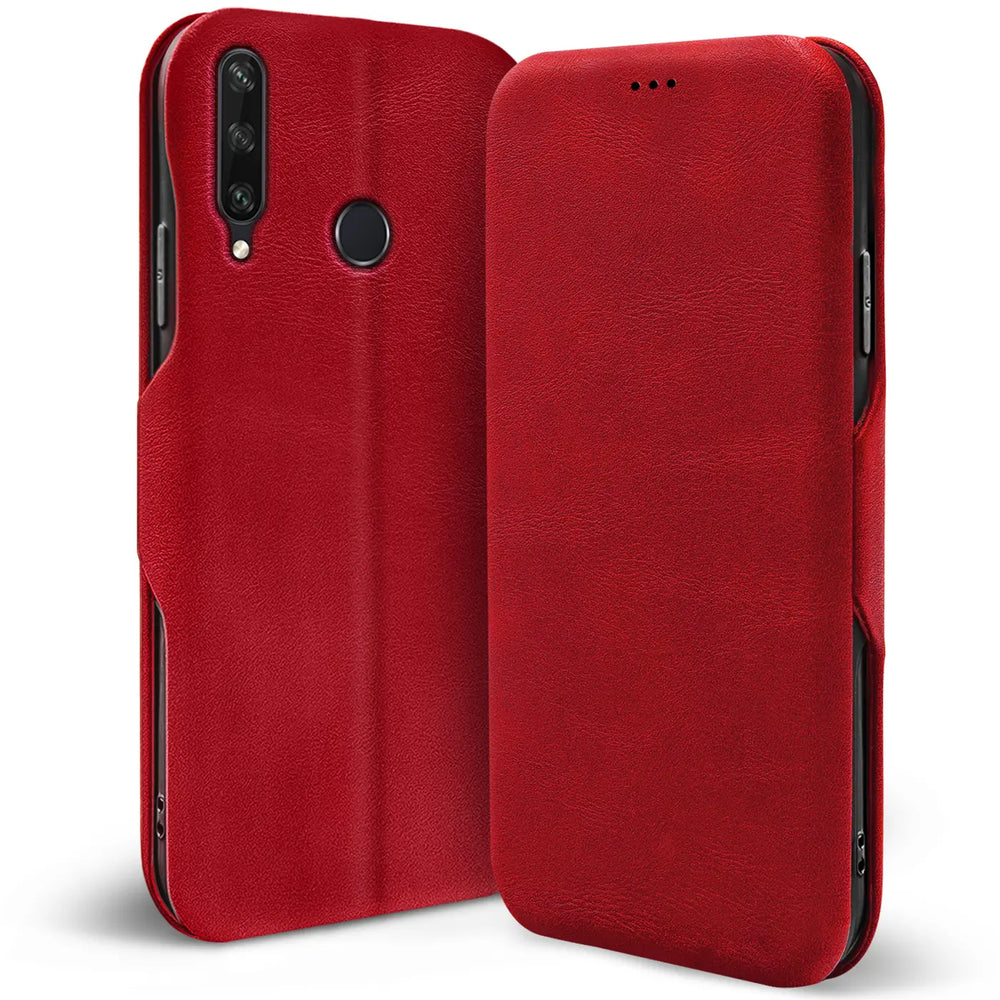 Rote Kunstleder-Klapphülle für Huawei Y6P, Rückseite und Vorderseite sichtbar, von vorne links betrachtet.