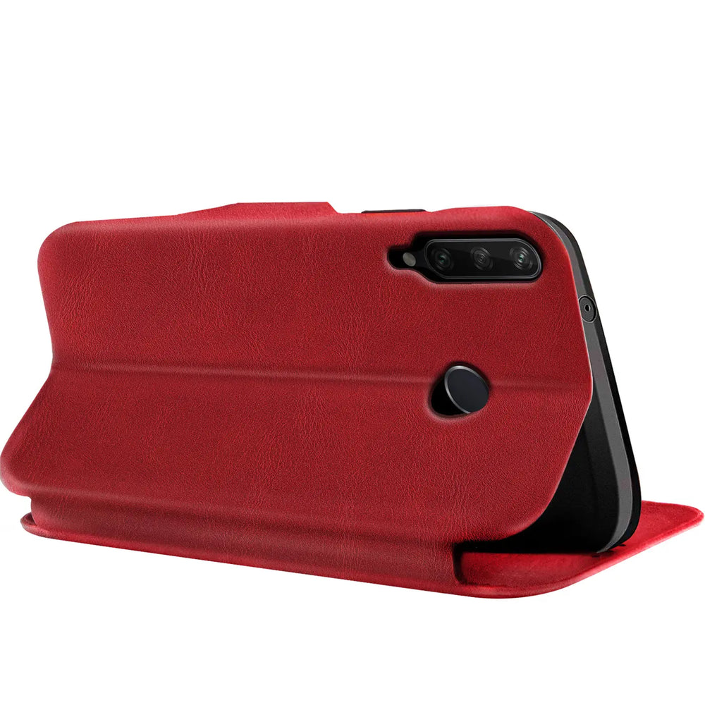 Rote Kunstleder-Klapphülle mit Kartenfach, Rückansicht, Huawei Y6P.
