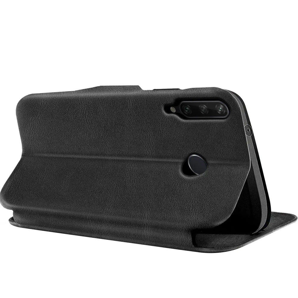 Schwarzes Leder-Klapphülle für Huawei Y6P, Seitenansicht, mit Kartenfach.