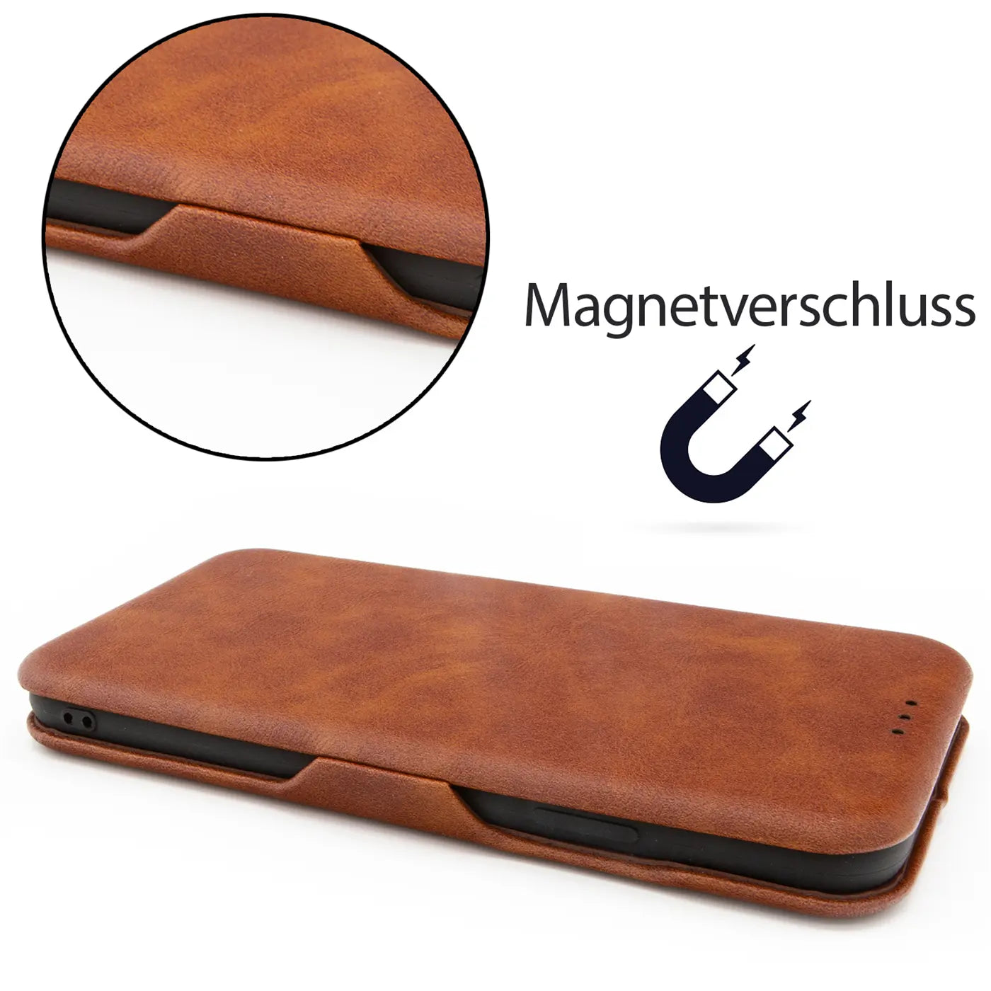 Braune Kunstleder-Klapphülle für Samsung Galaxy S20 Plus, Seitenansicht. Magnetverschluss.