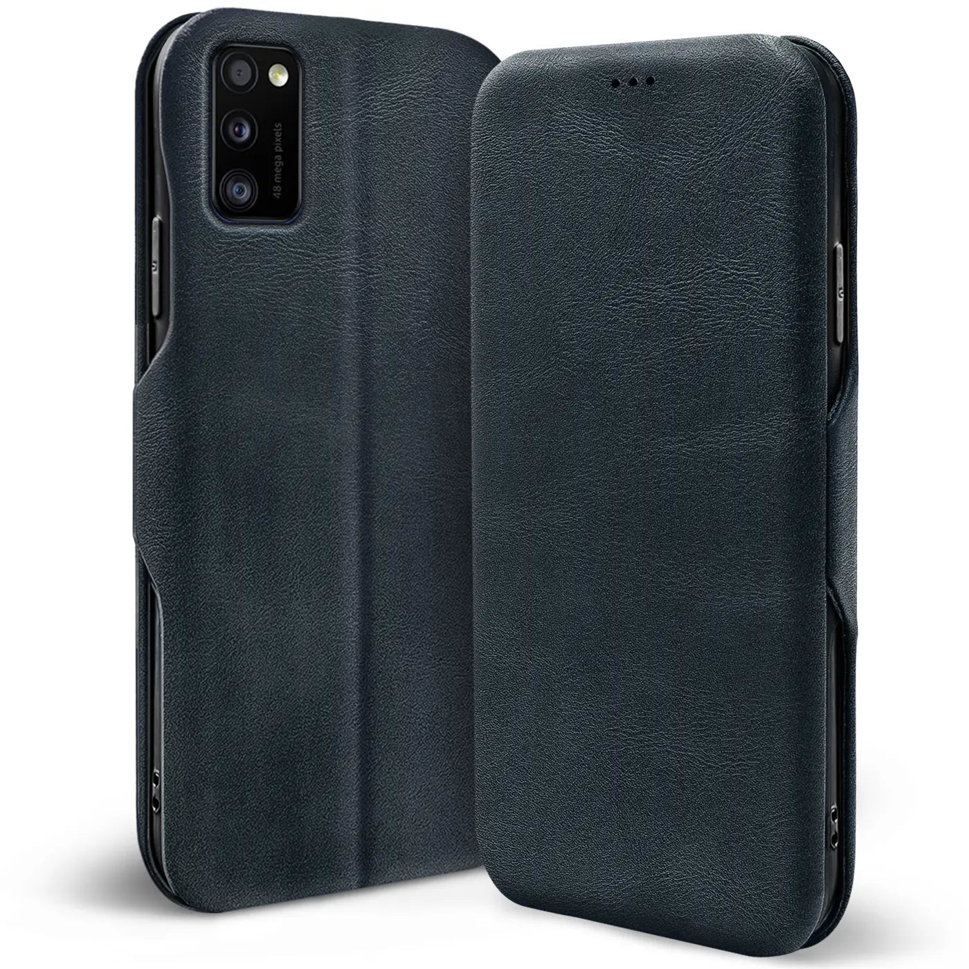 Dunkelblaue Leder-Klapphülle für Samsung Galaxy A03s, von vorne und der Seite gezeigt.