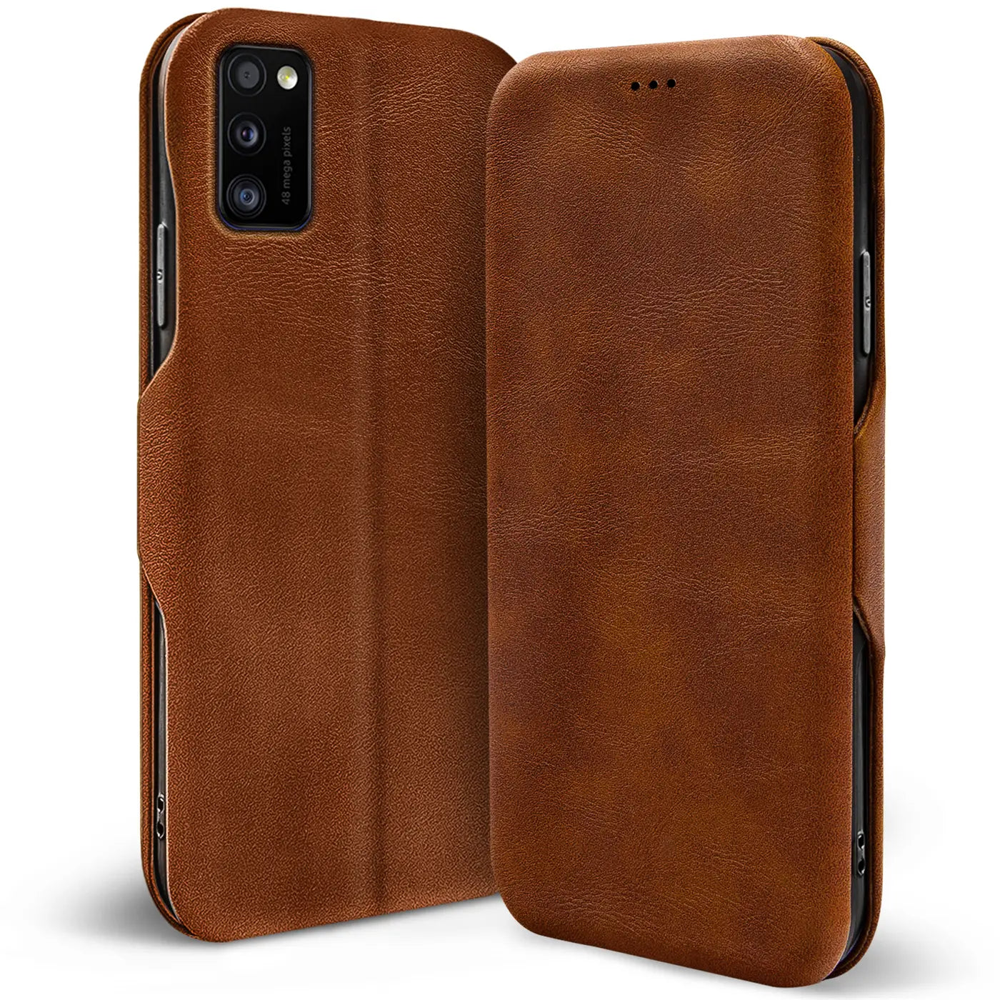 Braune Leder-Klapphülle mit Kartenfach, Vorder- und Rückansicht, für Samsung Galaxy A03s.