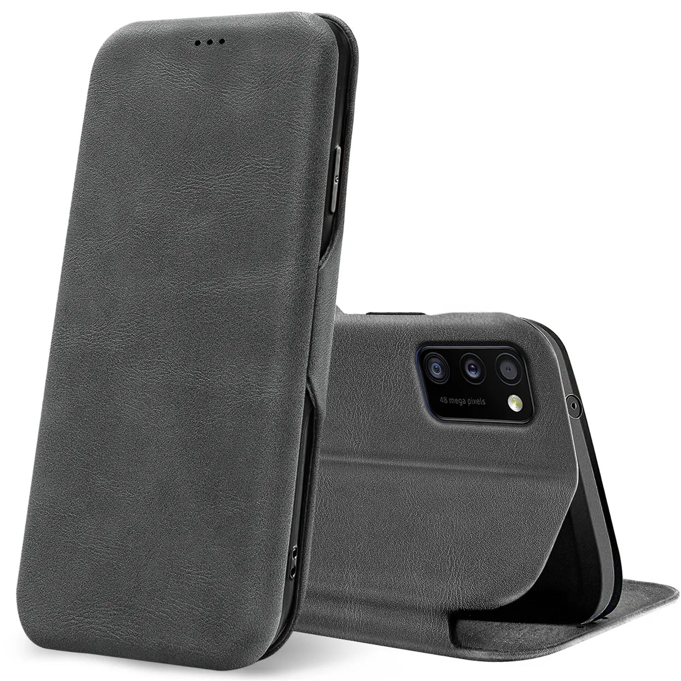 Graue Kunstleder-Klapphülle mit Kartenfach, Vorder- und Rückansicht, Samsung Galaxy A03s.