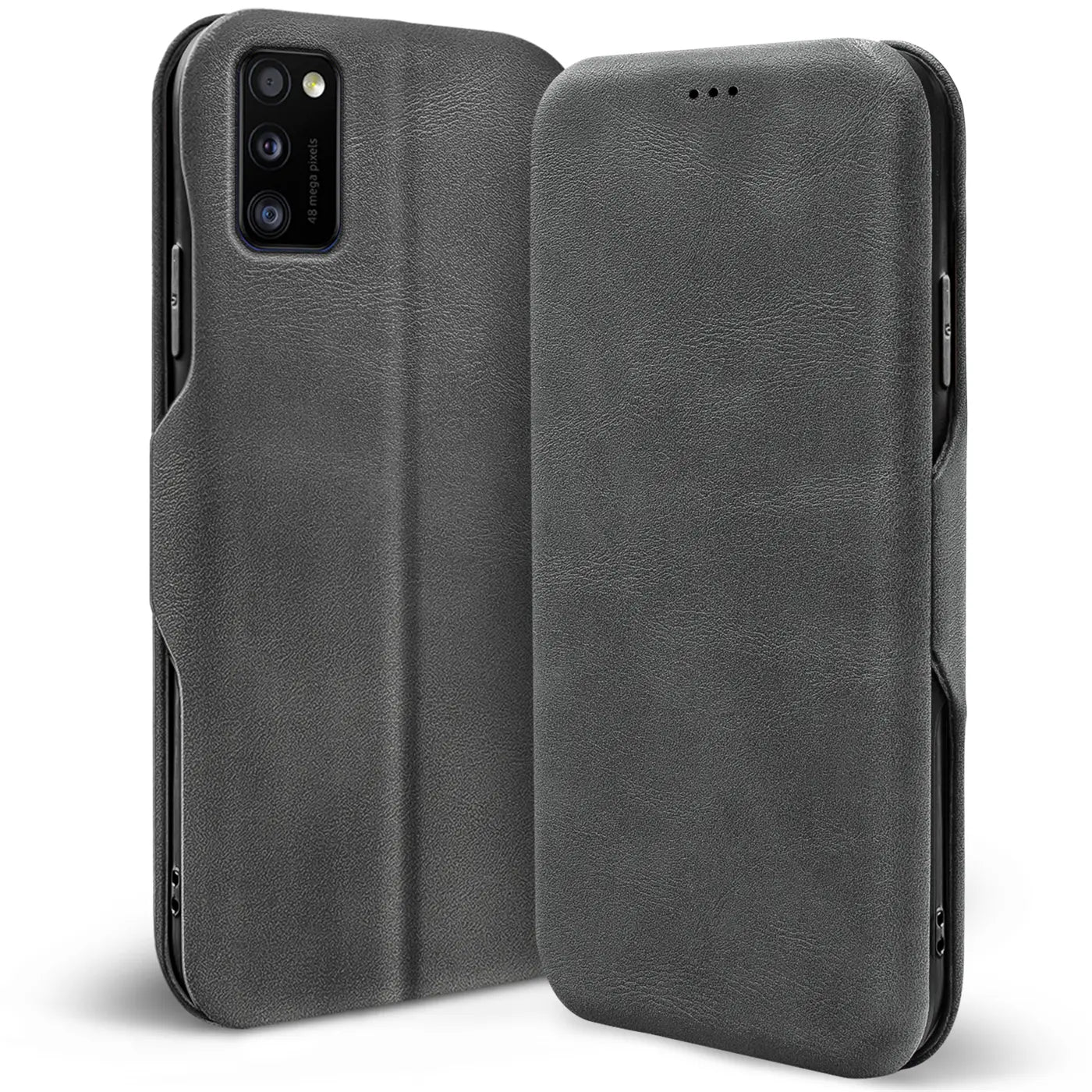 Graue Kunstleder-Klapphülle mit Kartenfach, Vorder- und Rückansicht, für Samsung Galaxy A03s.
