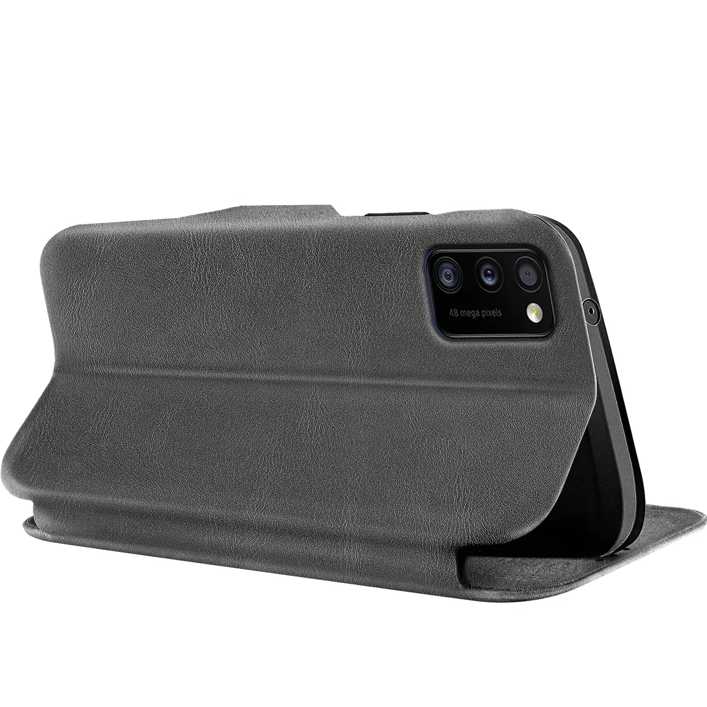 Graue Kunstleder-Klapphülle für Samsung Galaxy A03s, Seitenansicht.