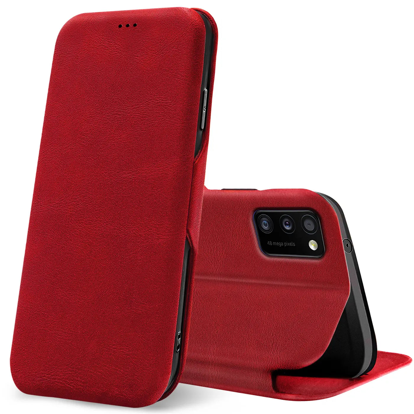 Rote Kunstleder-Klapphülle für Samsung Galaxy A03s, Seitenansicht.