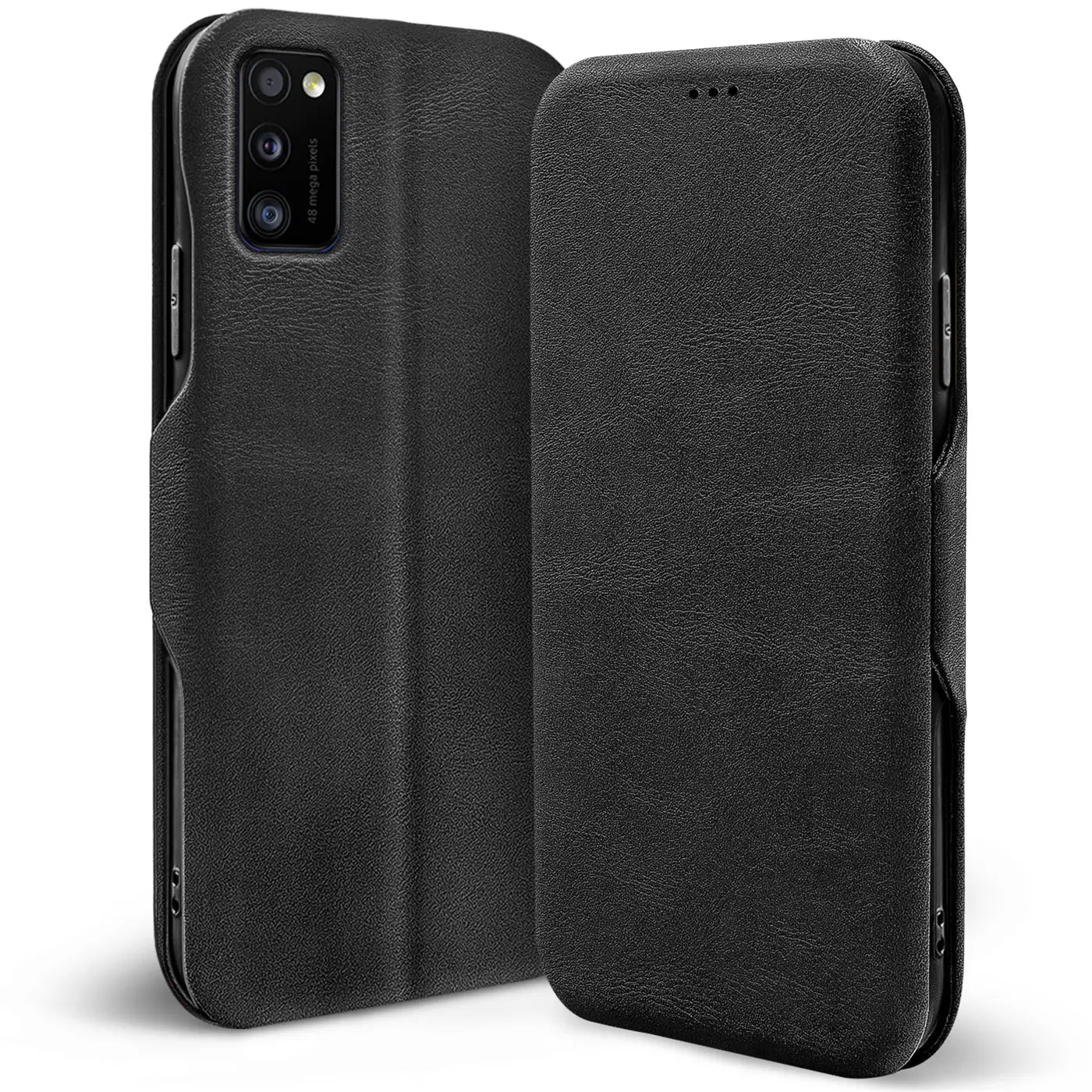 Schwarze Leder-Klapphülle für Samsung Galaxy A03s, von vorne/seitlich gezeigt.