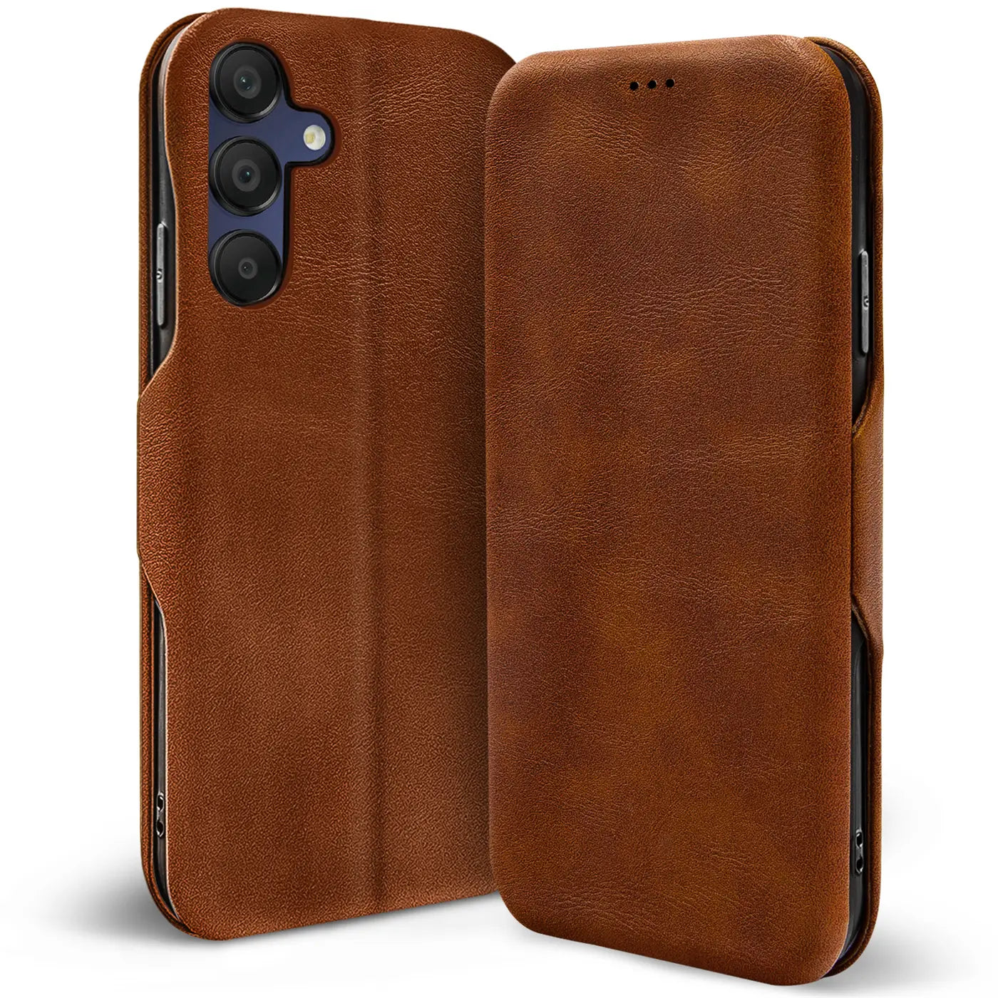 Braune Leder-Klapphülle mit Kartenfach, zeigt Rückseite eines Samsung Galaxy A05s.