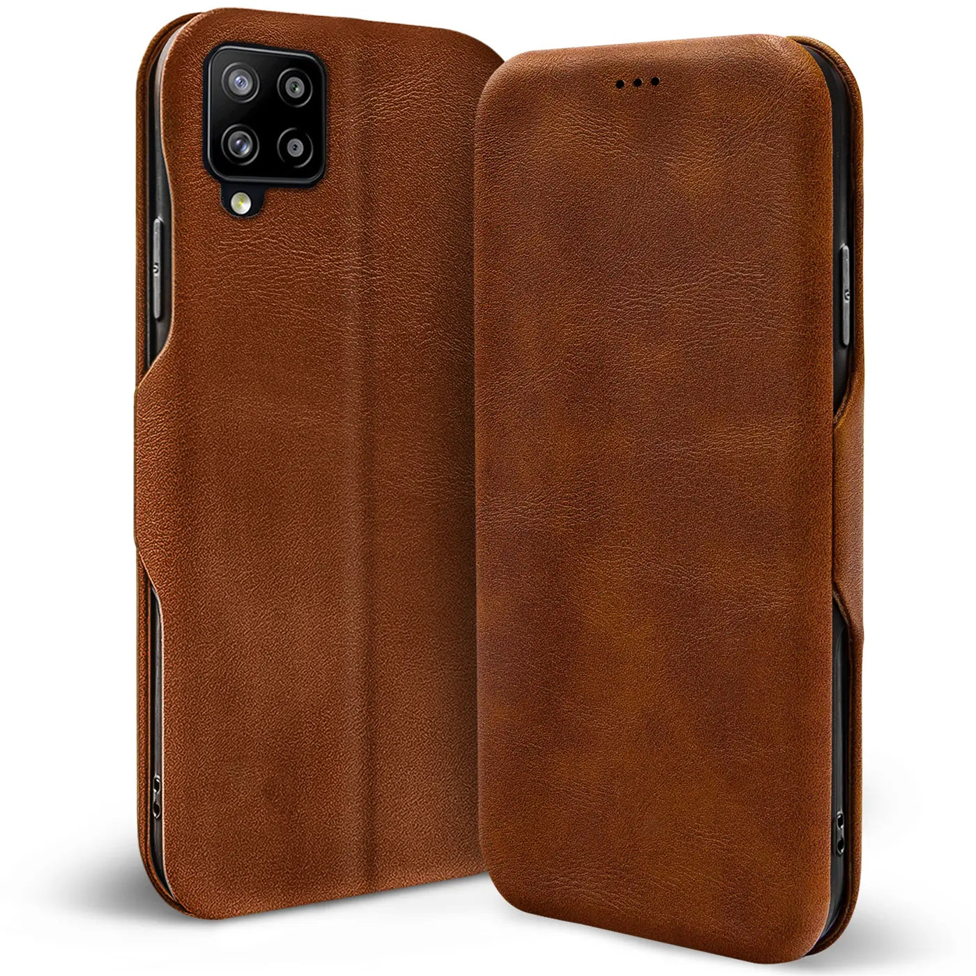 Braune Leder-Klapphülle für Samsung Galaxy A12/M12, von vorne/seitlich gezeigt.