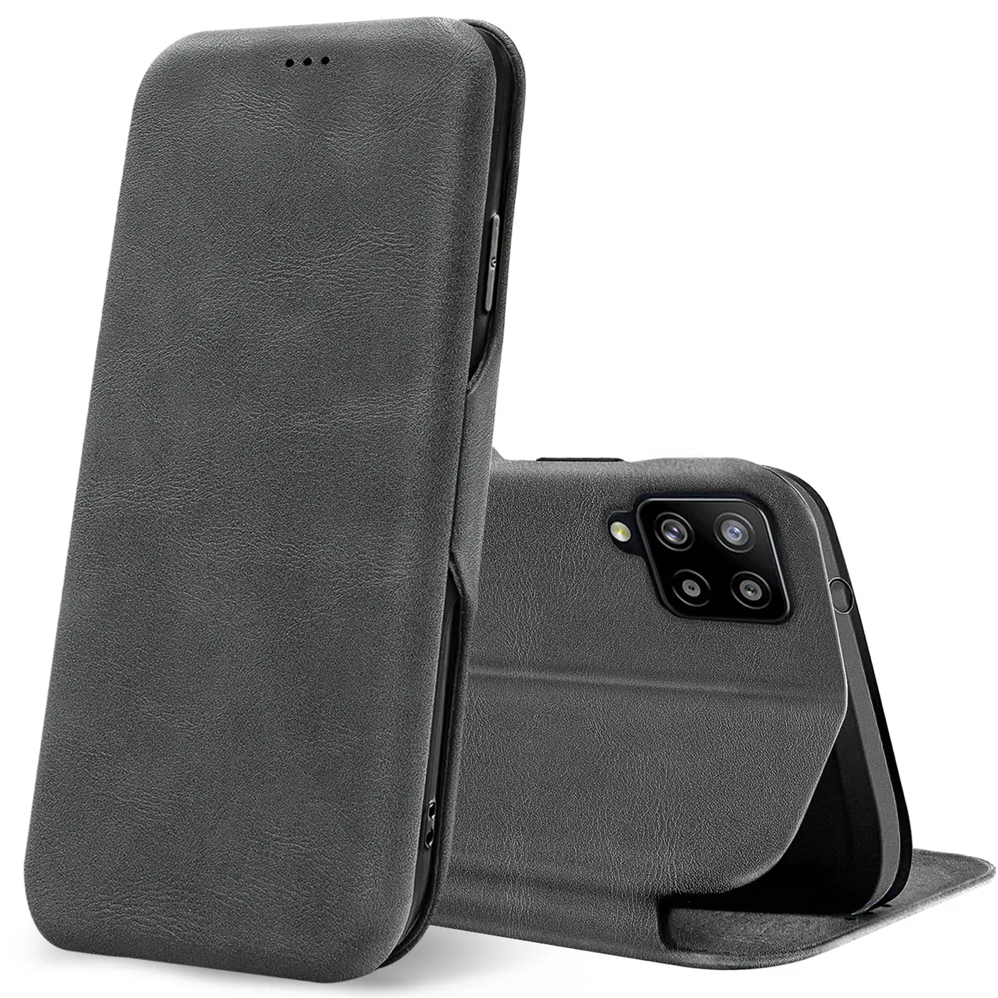 Graue Kunstleder-Klapphülle, Vorder- und Rückansicht, Samsung Galaxy A12/M12 erkennbar.