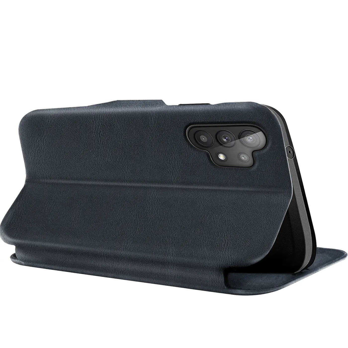 Dunkelblaue Kunstleder-Klapphülle mit Kartenfach, Samsung Galaxy A13 4G, Seitenansicht.