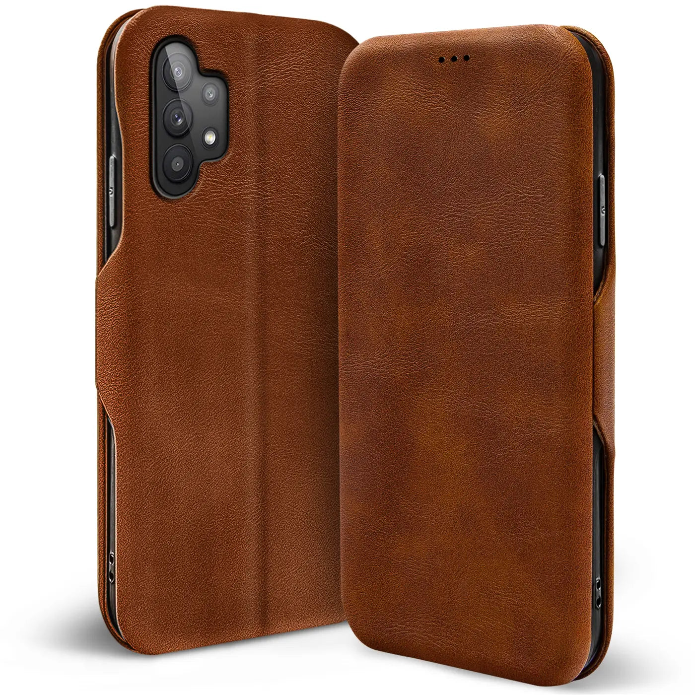 Braune Leder-Klapphülle für Samsung Galaxy A13 4G, von vorne/leicht schräg