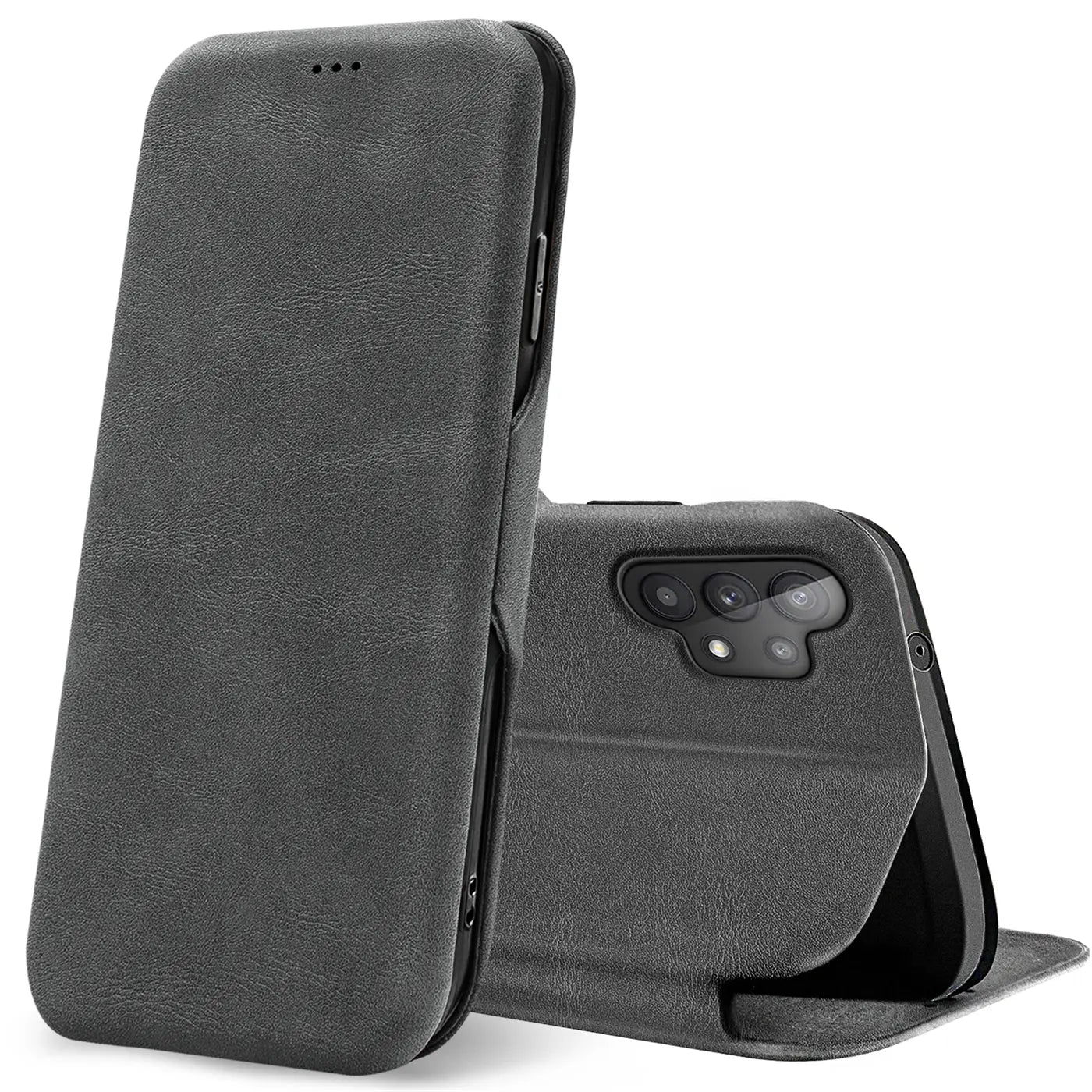 Graue Kunstleder-Klapphülle mit Kartenfach, Vorder- und Rückansicht, Samsung Galaxy A13 4G.
