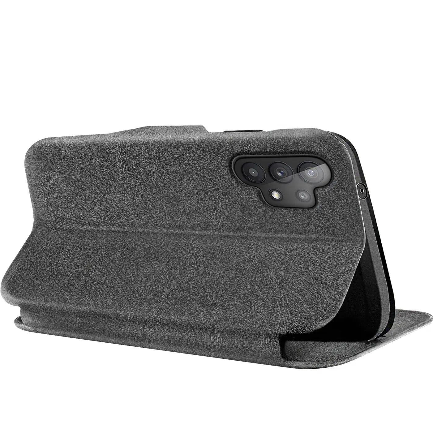 Graue Kunstleder-Klapphülle mit Kartenfach, Rückansicht, Samsung Galaxy A13 4G.