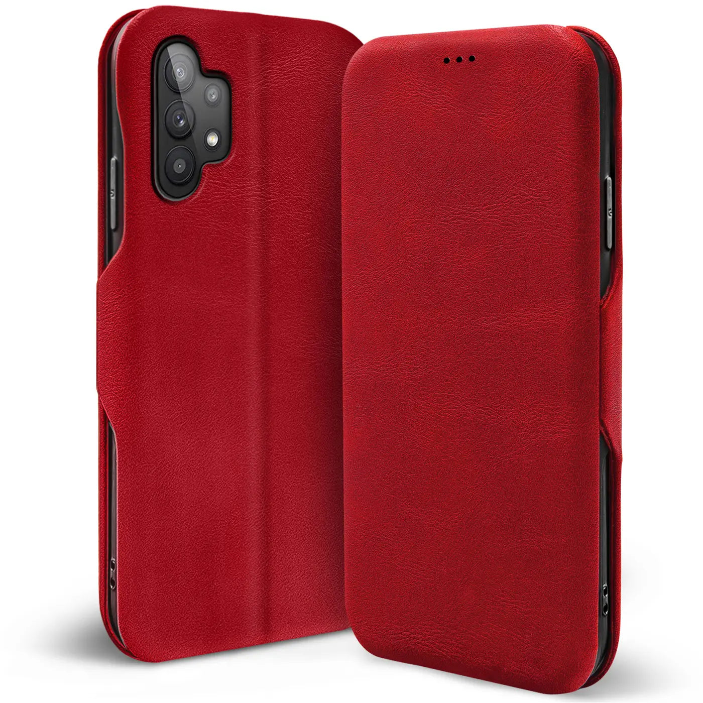 Rote Leder-Klapphülle mit Kartenfach, zeigt Rückseite und Vorderseite eines Samsung Galaxy A13 4G.
