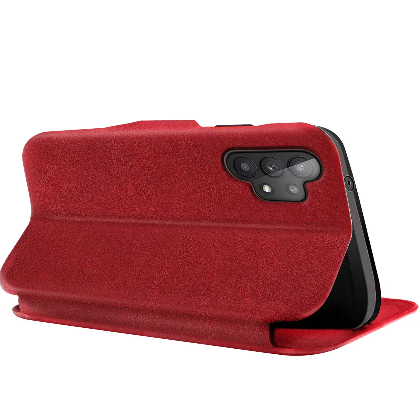 Rote Kunstleder-Klapphülle mit Kartenfach, seitliche Ansicht, zeigt Samsung Galaxy A13 4G.