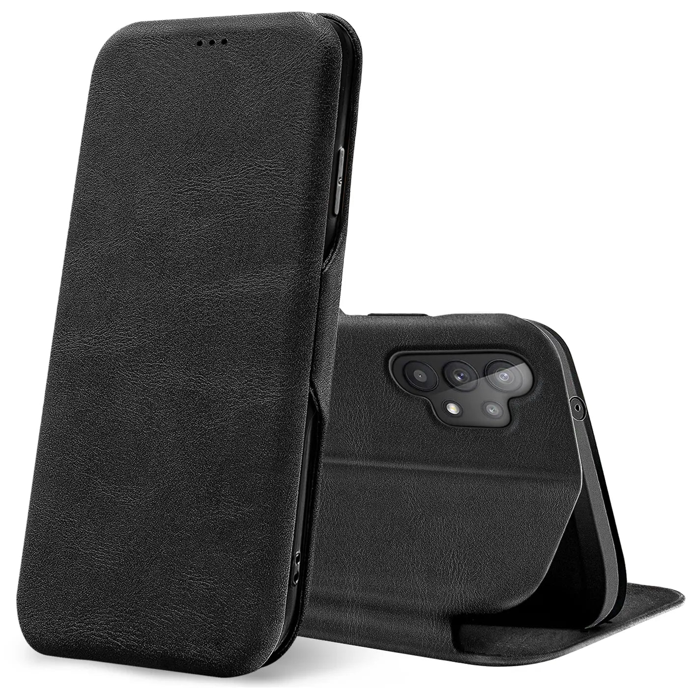 Schwarze Leder-Klapphülle für Samsung Galaxy A13 4G, von vorne schräg, Rückseite sichtbar.