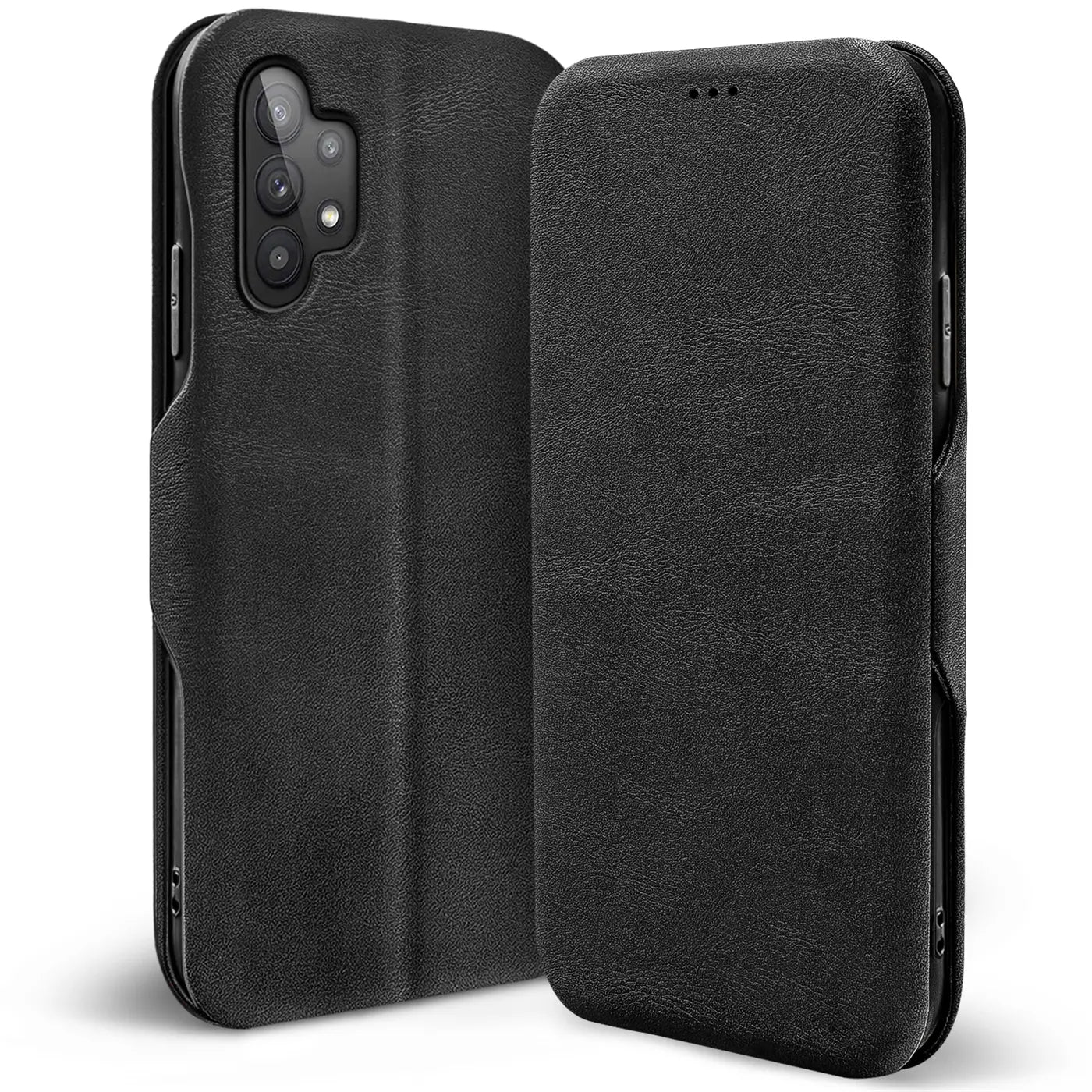 Schwarze Leder-Klapphülle mit Kartenfach für Samsung Galaxy A13 4G, von vorne links gezeigt.