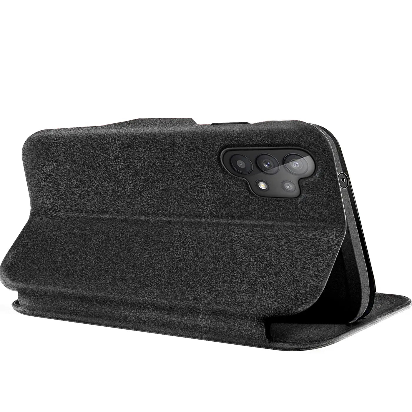 Schwarze Kunstleder-Klapphülle für Samsung Galaxy A13 4G, Rückansicht, von schräg oben