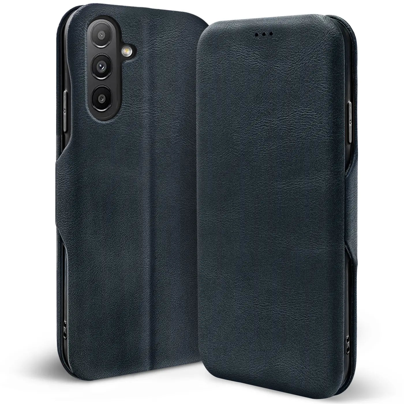 Dunkelblaue Kunstleder-Klapphülle mit Kartenfach, von vorne und hinten, für Samsung Galaxy A13 5G / A04s.